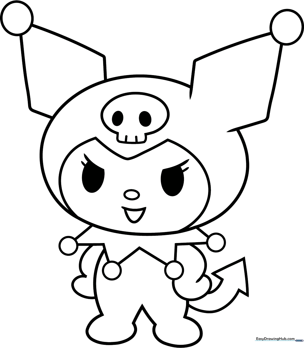 Black and white line art of Kuromi from Sanrio, featuring her iconic jester hat with a skull emblem, perfect for children to color.