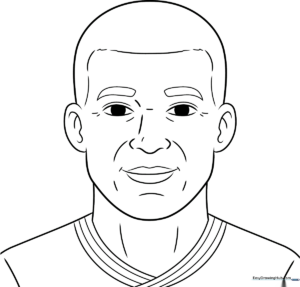 Black and white line art illustration of soccer player Kylian Mbappé, featuring clear outlines for easy coloring by children.