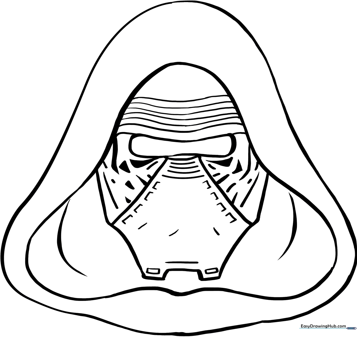 Black and white line art of Kylo Ren from Star Wars, featuring his iconic mask and textured cape, ready for children to color.