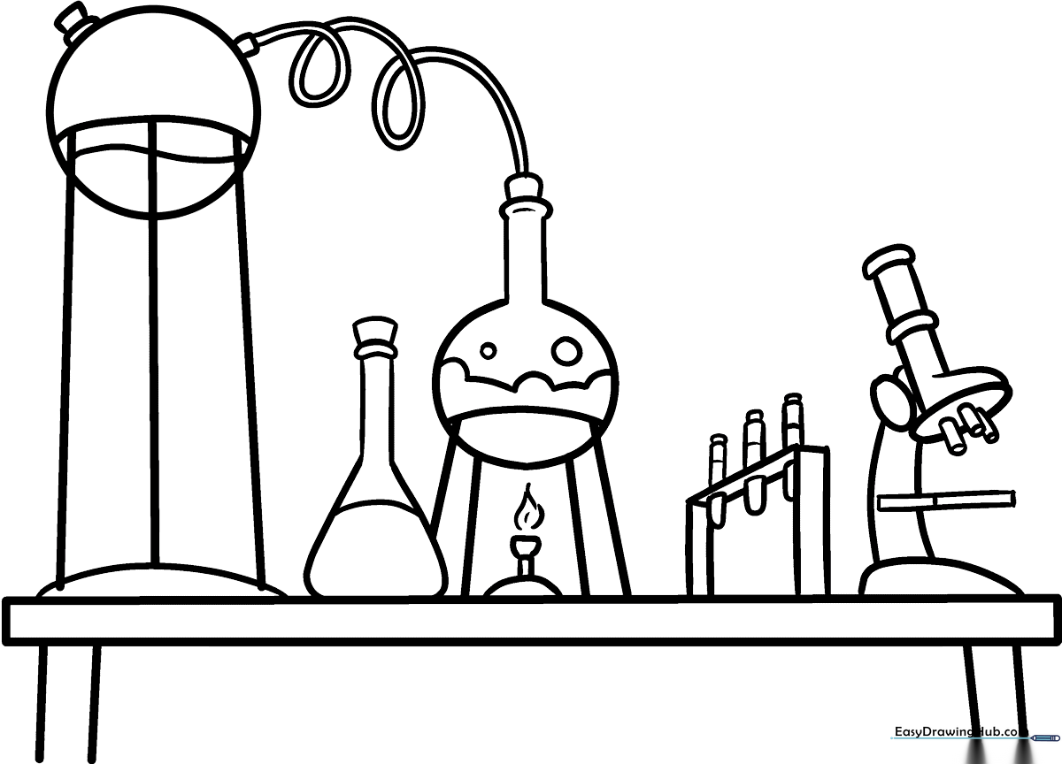 A detailed laboratory coloring sheet featuring beakers, test tubes, and scientific equipment, designed for children to practice coloring and fine motor skills.