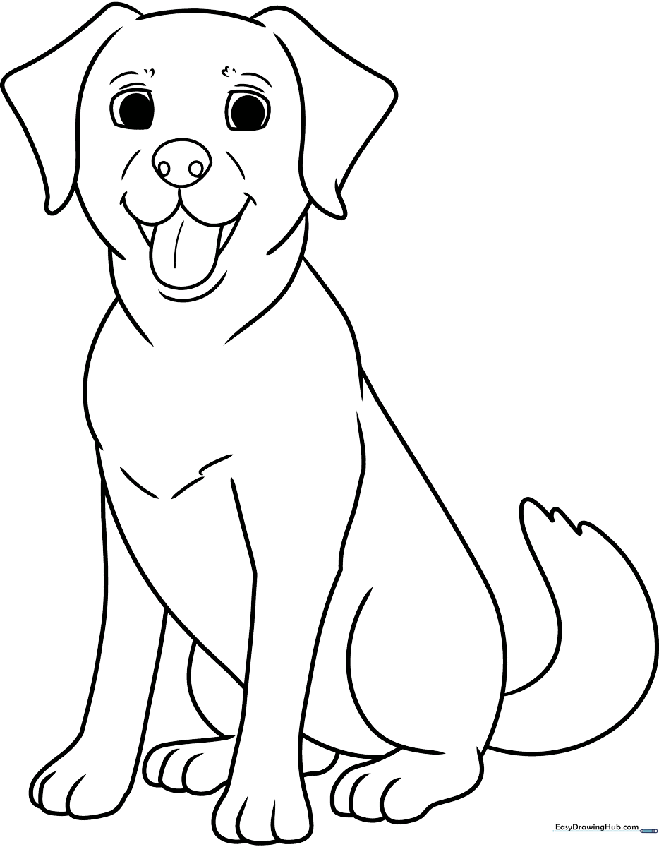 A clean, black-and-white line art illustration of a friendly Labrador retriever sitting, featuring clear outlines for easy coloring by children.
