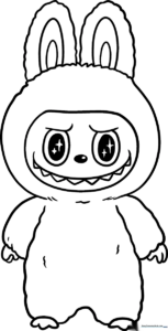 Black and white line art of the character Labubu with large ears and a mischievous smile, ready for coloring on a white background.
