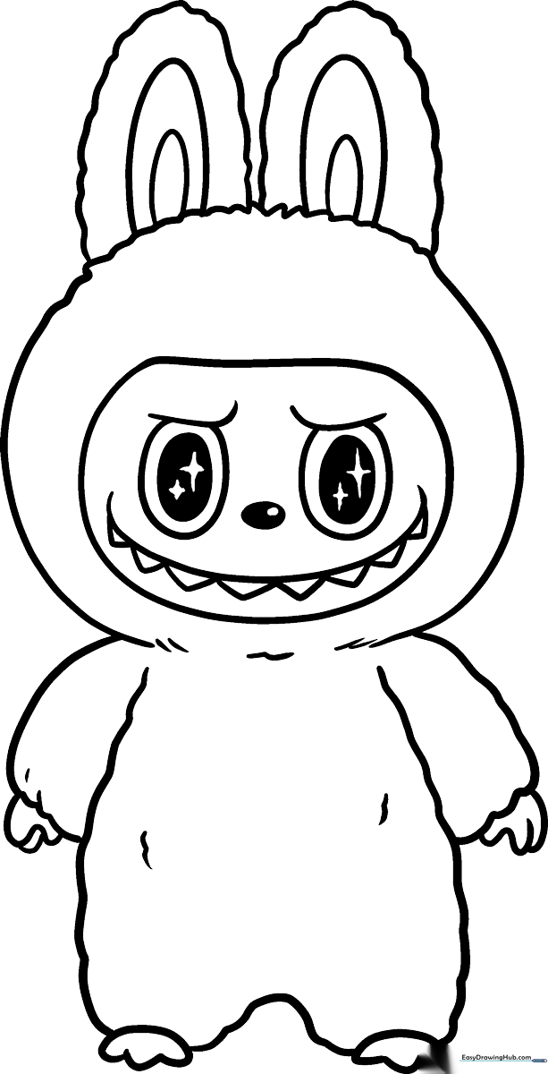 Black and white line art of the character Labubu with large ears and a mischievous smile, ready for coloring on a white background.