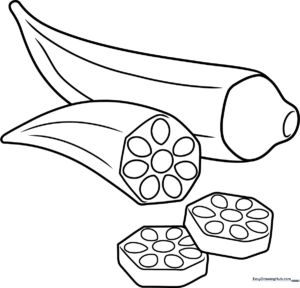 Black and white line art of a fresh okra or lady finger vegetable with a friendly cartoon face, ready for coloring.