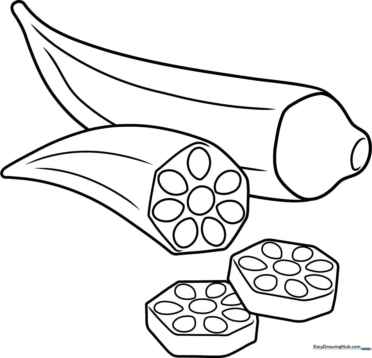 Black and white line art of a fresh okra or lady finger vegetable with a friendly cartoon face, ready for coloring.