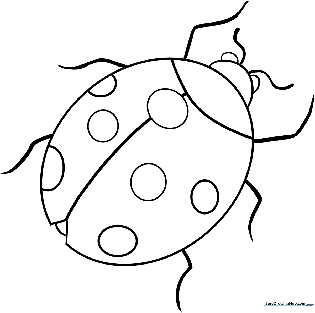 A clean, black-and-white line art illustration of a smiling ladybug with large spots, designed for children to color.