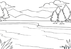 Black and white line art of a calm lake with surrounding trees and rolling hills, designed for children to color.