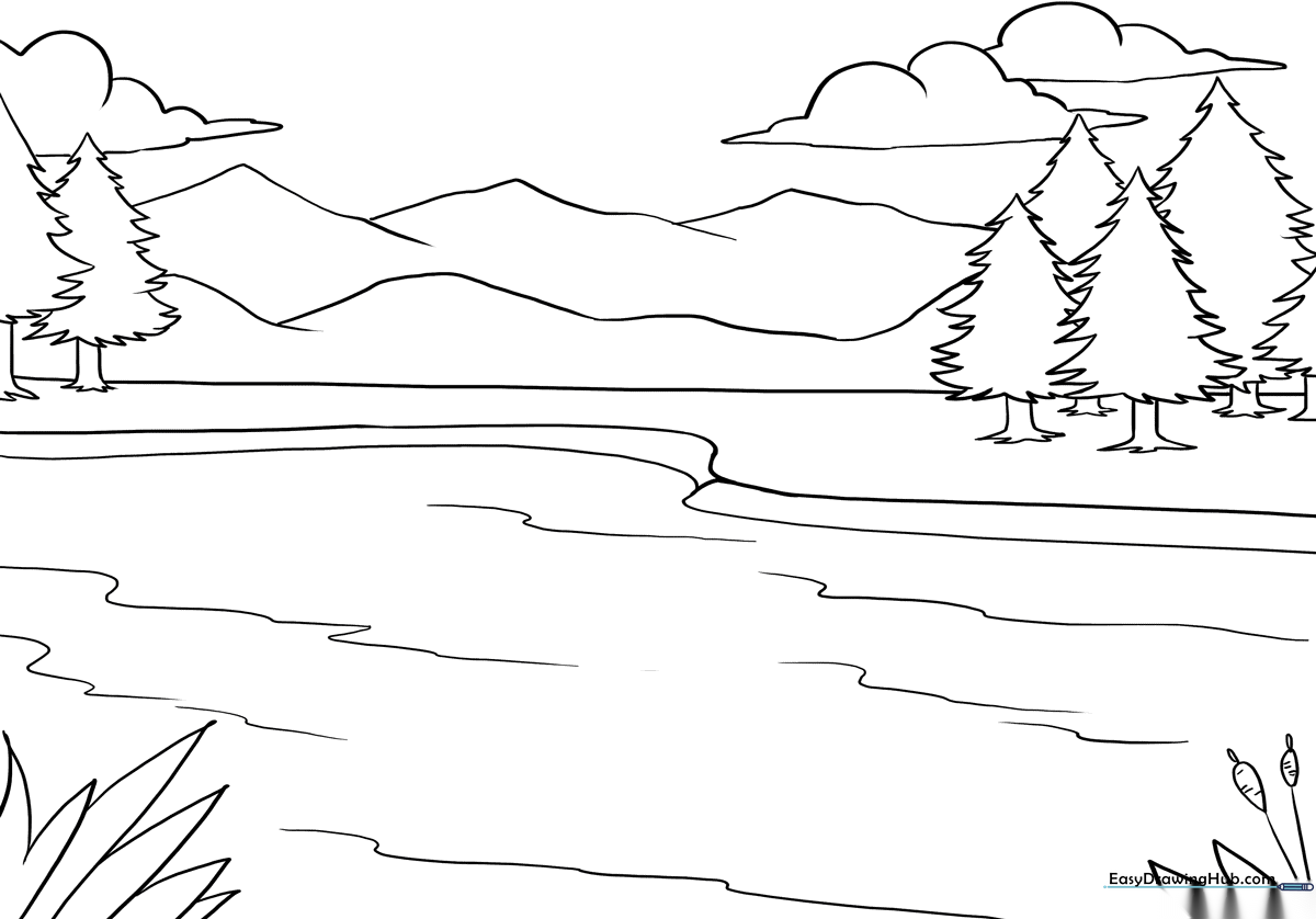 Black and white line art of a calm lake with surrounding trees and rolling hills, designed for children to color.