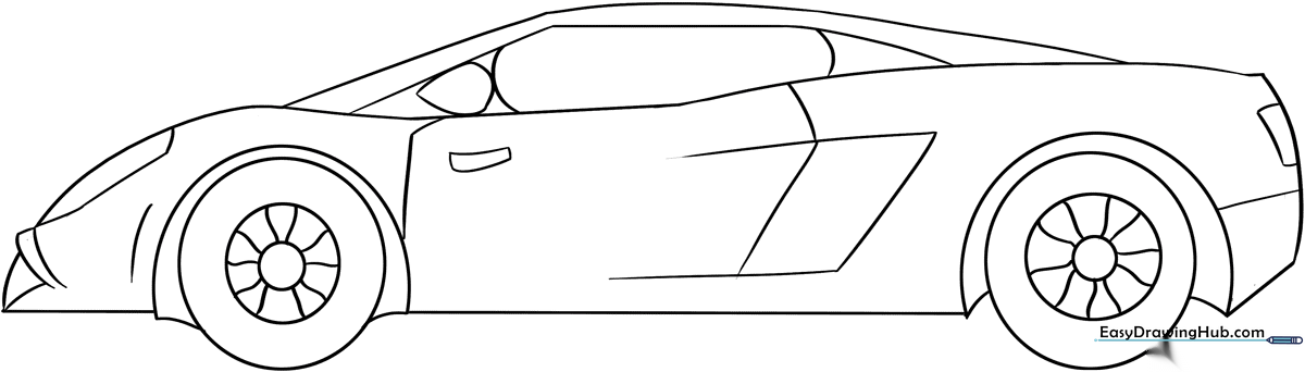 Clean line art of a Lamborghini sports car, featuring bold outlines and simple shapes for easy coloring by children.