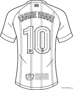 Black and white line art of a soccer jersey featuring the Barcelona club crest and player details, ready for children to color.