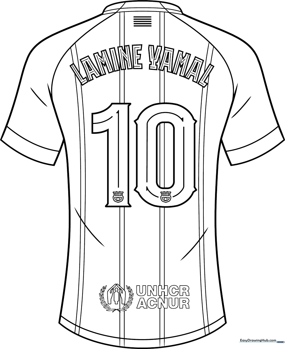 Black and white line art of a soccer jersey featuring the Barcelona club crest and player details, ready for children to color.