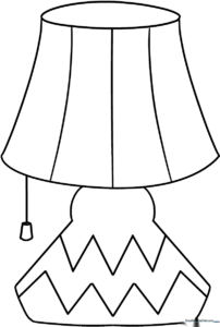Black and white line art of a classic desk lamp with a wide shade and sturdy base, designed for children to color.
