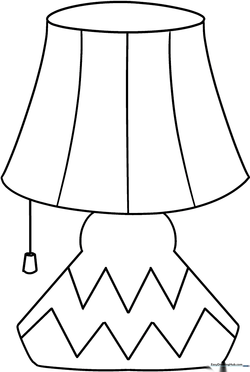Black and white line art of a classic desk lamp with a wide shade and sturdy base, designed for children to color.
