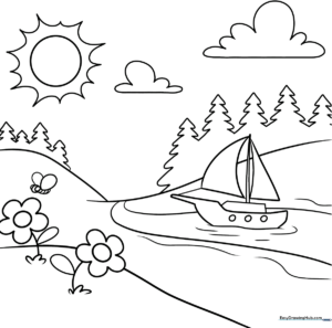 Black and white line art of a simple landscape featuring rolling hills, a bright sun, and fluffy clouds, ready for children to color.