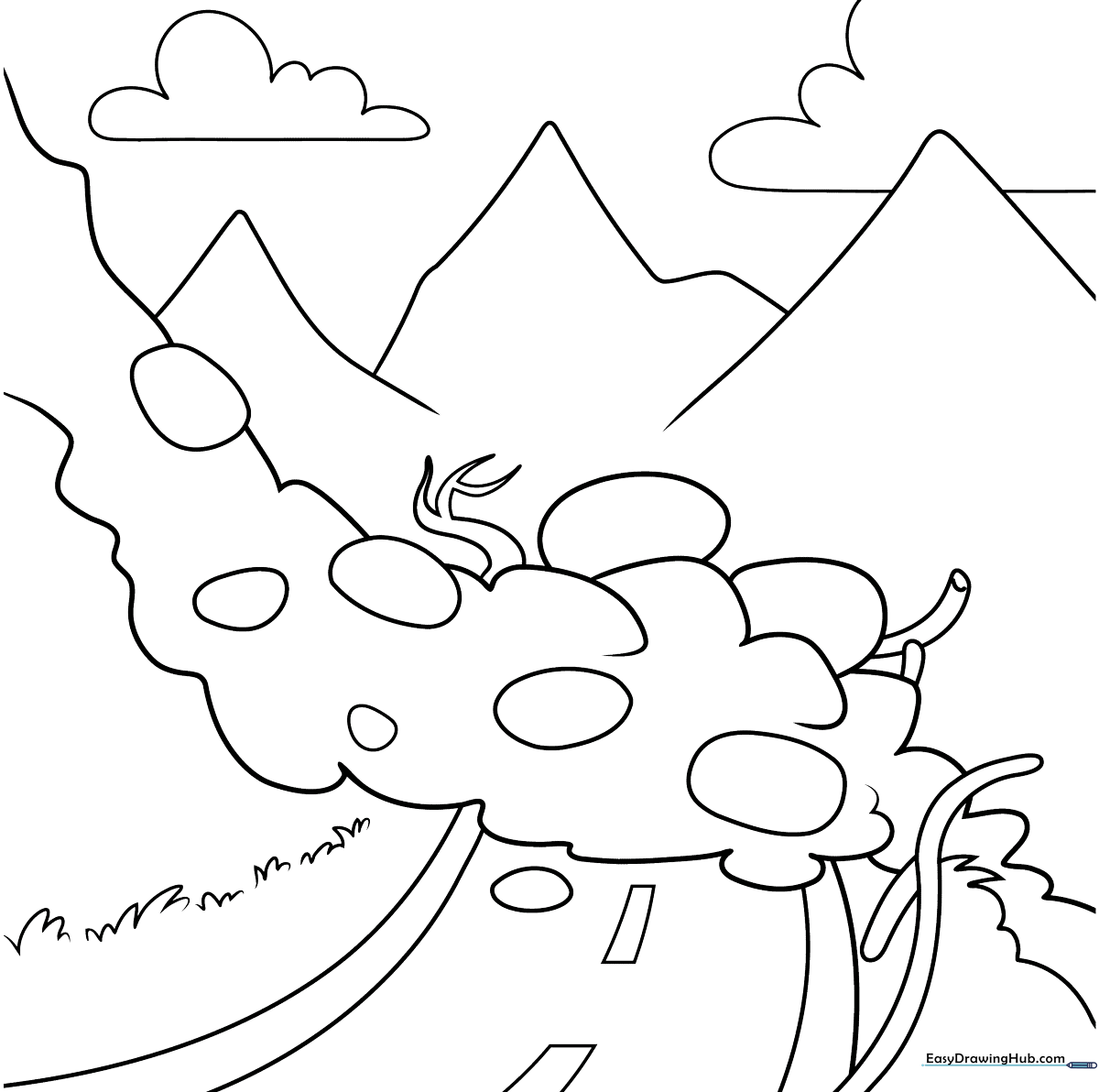 Black and white line art of a landslide showing falling rocks and debris, designed for children to color as an earth science art project.