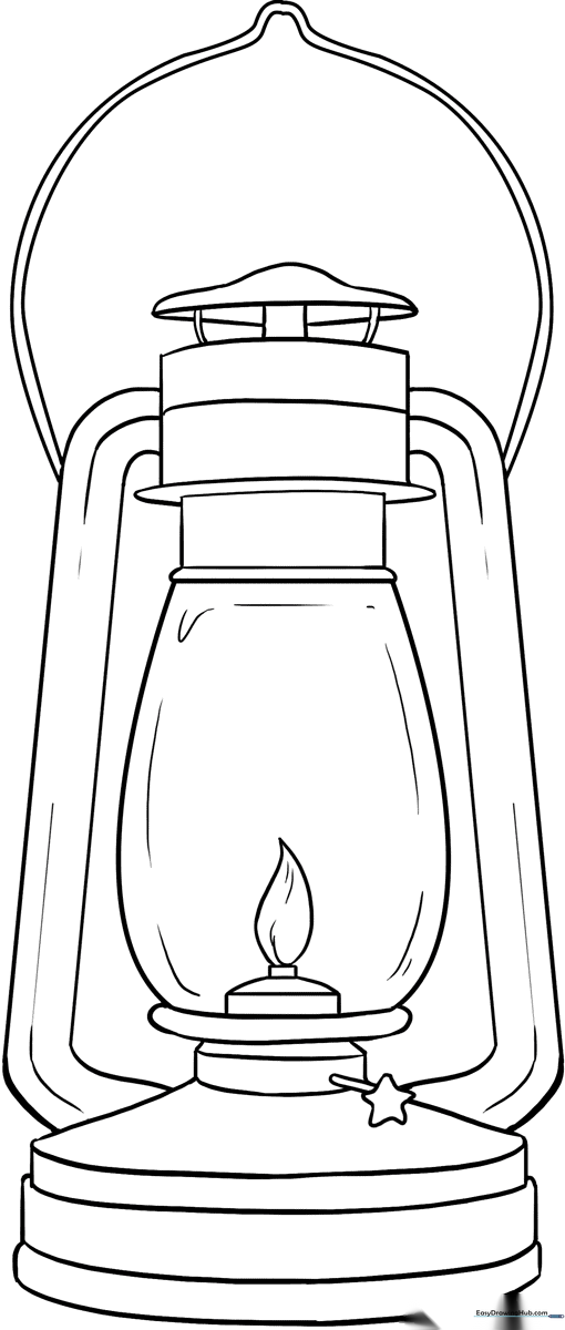 Black and white line art of a classic handheld lantern with a handle and glass panes, ready for children to color.