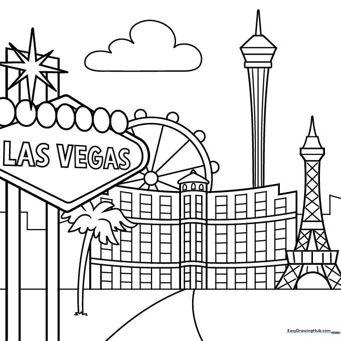 Black and white line art of the Las Vegas skyline featuring iconic hotel towers and architectural silhouettes, ready for children to color.