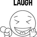 Black and white line art of a laughing emoji with hands raised, featuring wide-open eyes and a large, joyful mouth, ready for coloring.