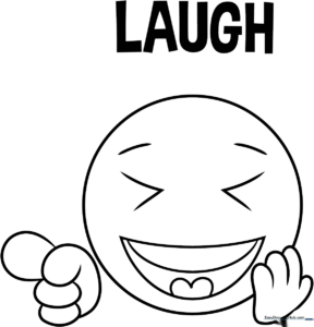 Black and white line art of a laughing emoji with hands raised, featuring wide-open eyes and a large, joyful mouth, ready for coloring.
