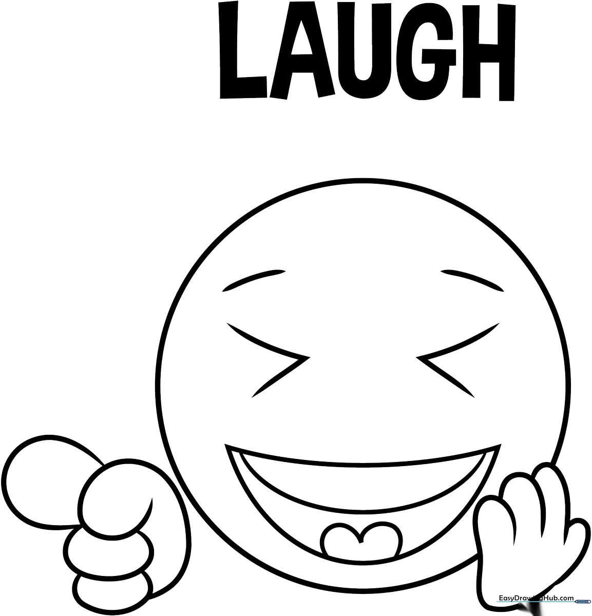 Black and white line art of a laughing emoji with hands raised, featuring wide-open eyes and a large, joyful mouth, ready for coloring.