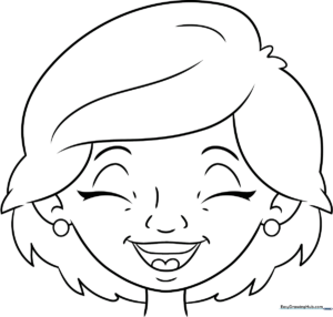 Black and white line art of a cartoon character with a wide, joyful laughing expression, featuring clear outlines for easy coloring.