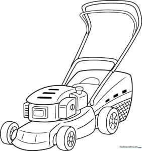 Black and white line art of a push lawn mower with a grass catcher, featuring clean outlines for easy coloring by children.