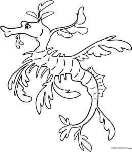 Black and white line art of a leafy sea dragon with intricate leaf-like appendages, ready for children to color with markers or crayons.
