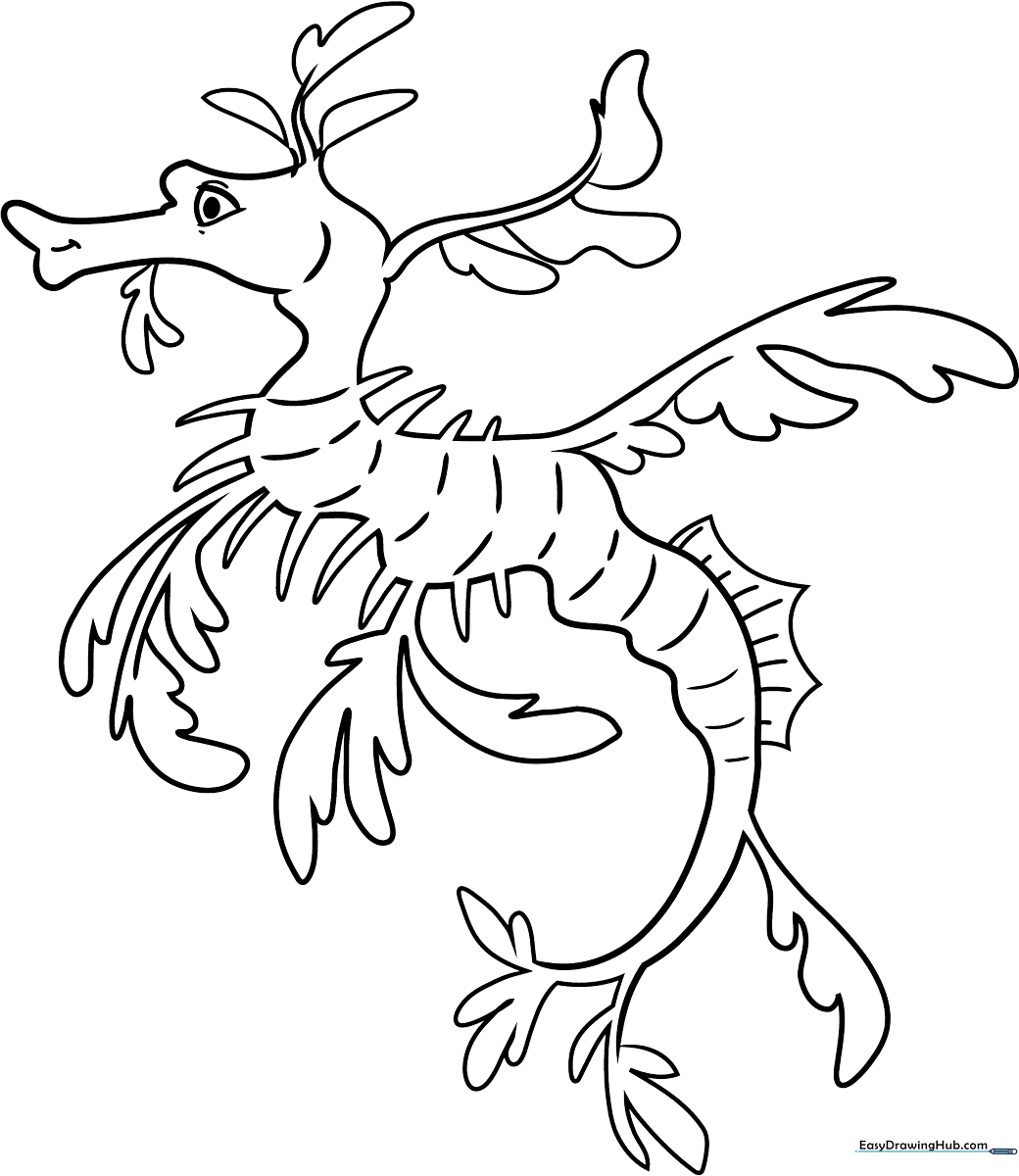 Black and white line art of a leafy sea dragon with intricate leaf-like appendages, ready for children to color with markers or crayons.