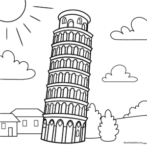 Black and white line art of the Leaning Tower of Pisa with clear architectural columns, ready for children to color and customize.
