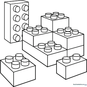 Black and white line art of a classic Lego brick with four studs on top, ready for children to color.