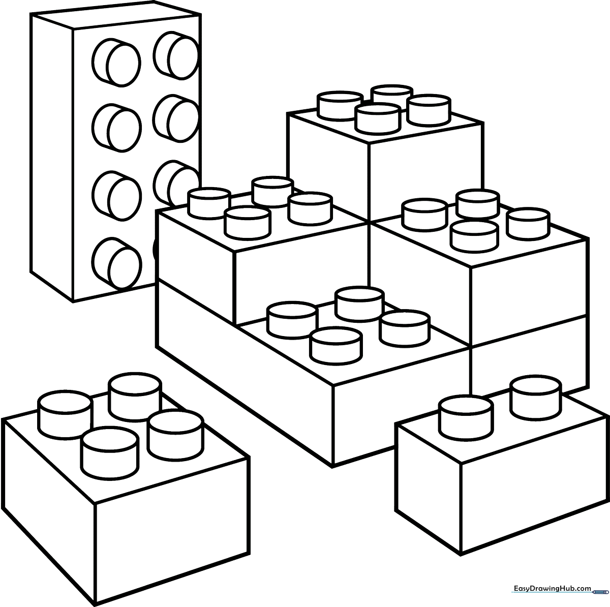 Black and white line art of a classic Lego brick with four studs on top, ready for children to color.