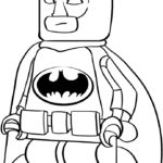 Black and white line art of Lego Batman standing in a heroic pose, featuring clean outlines suitable for children's coloring activities.
