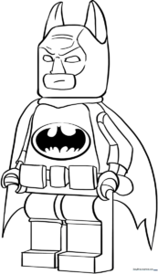 Black and white line art of Lego Batman standing in a heroic pose, featuring clean outlines suitable for children's coloring activities.