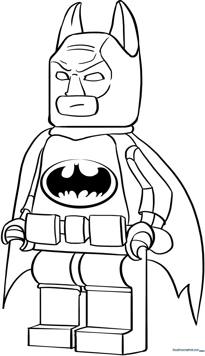 Black and white line art of Lego Batman standing in a heroic pose, featuring clean outlines suitable for children's coloring activities.