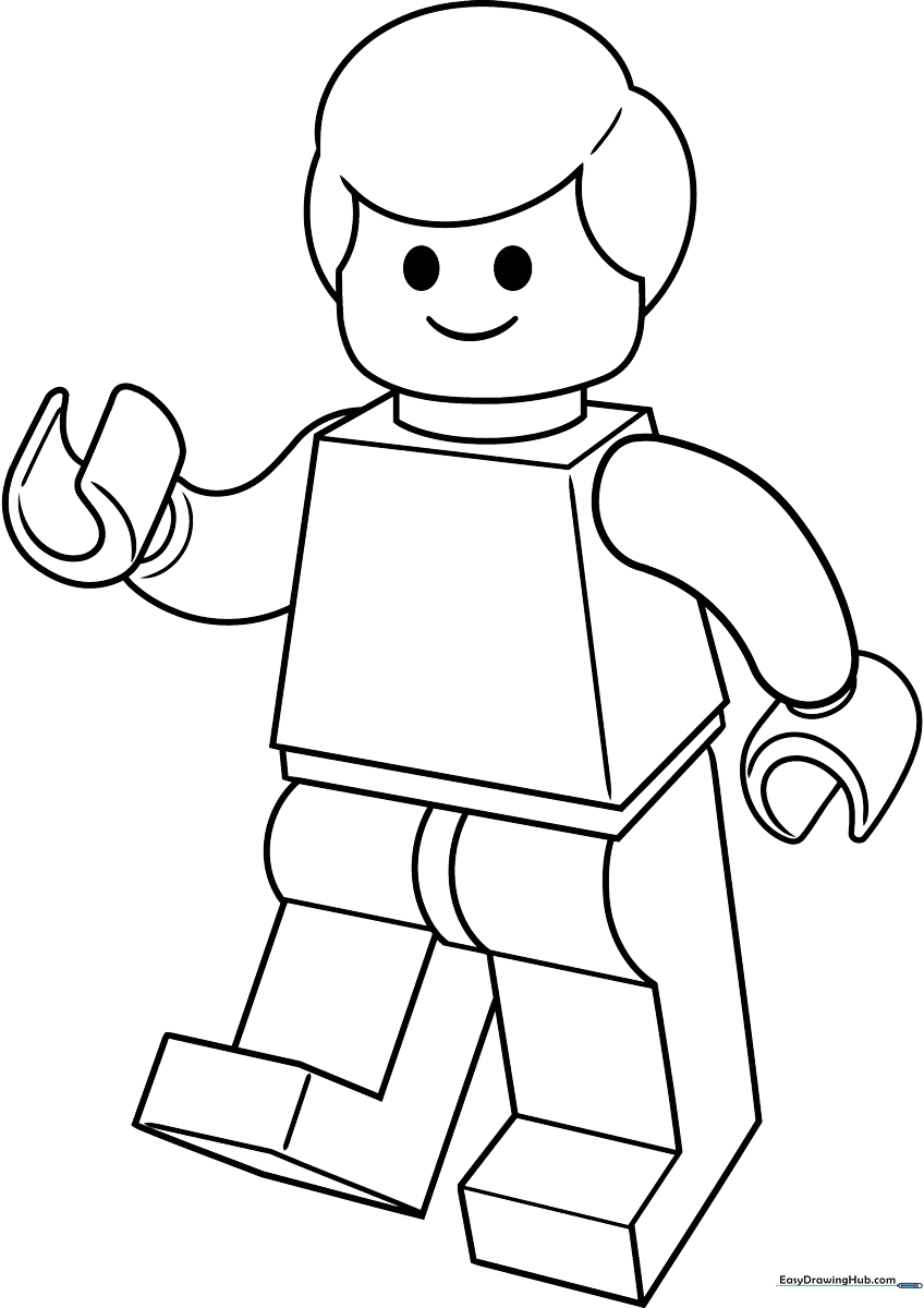 Black and white line art of a classic Lego minifigure standing upright, featuring bold outlines for easy coloring by children.