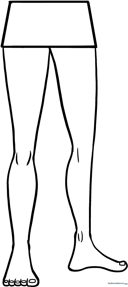 Black and white line art of human legs, designed for children to color and practice anatomy identification.