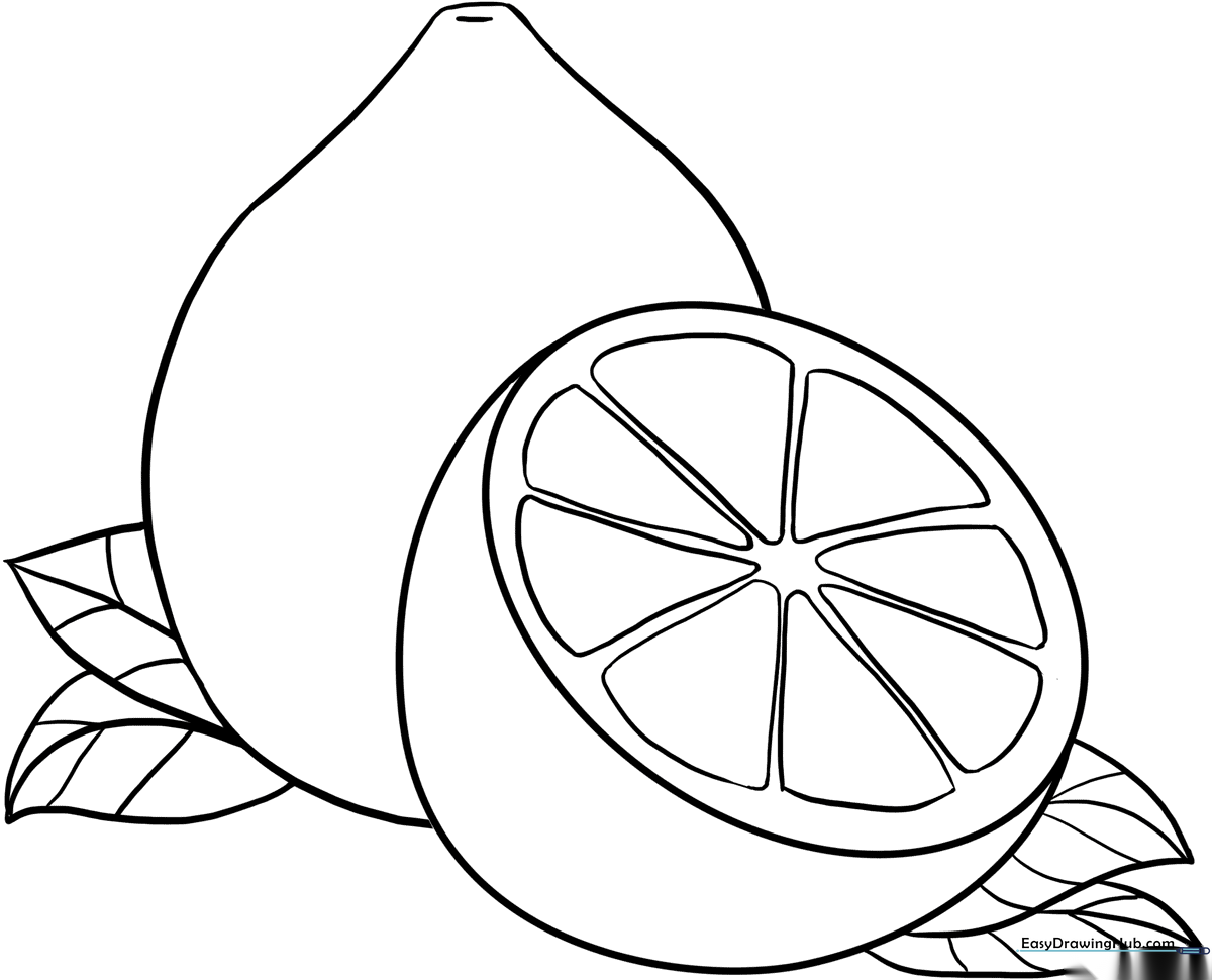 A clean, black-and-white line art illustration of a whole lemon with a leaf, designed for children to color.