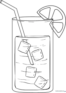 Black and white line art of a glass of lemonade with a straw and lemon slice, designed for children to color.