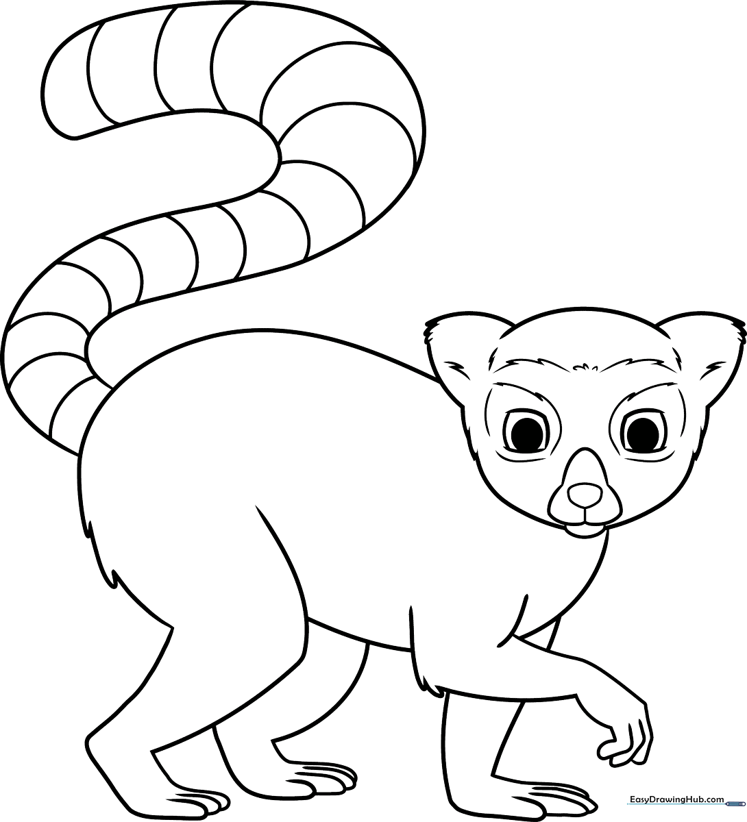 Cute cartoon lemur with large expressive eyes and a long striped tail, outlined for children to color.