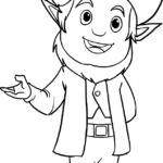 Line art illustration of a cheerful leprechaun wearing a top hat and buckled shoes, ready for coloring.