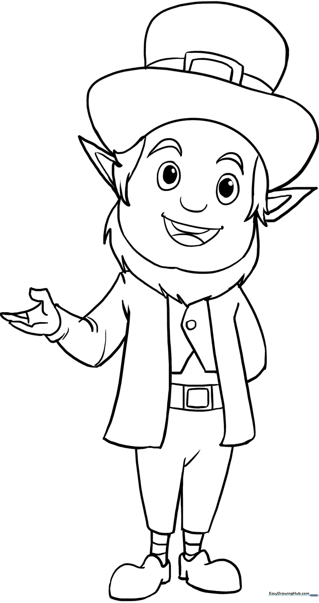 Line art illustration of a cheerful leprechaun wearing a top hat and buckled shoes, ready for coloring.
