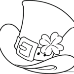 Black and white line art of a tall Leprechaun hat with a large buckle, ready for children to color with markers or crayons.