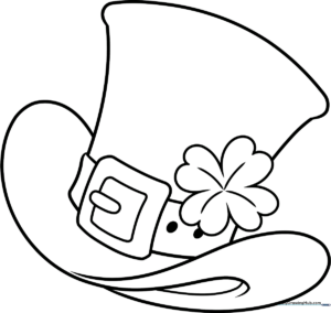 Black and white line art of a tall Leprechaun hat with a large buckle, ready for children to color with markers or crayons.
