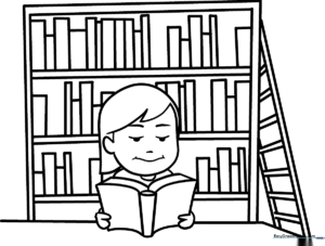 Black and white line art of a library interior featuring bookshelves, a reading desk, and a globe for children to color.