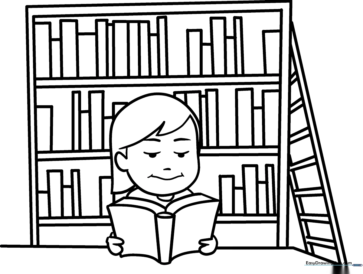 Black and white line art of a library interior featuring bookshelves, a reading desk, and a globe for children to color.