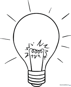 Simple line art of a classic light bulb with a glass filament, perfect for children to color with crayons or markers.