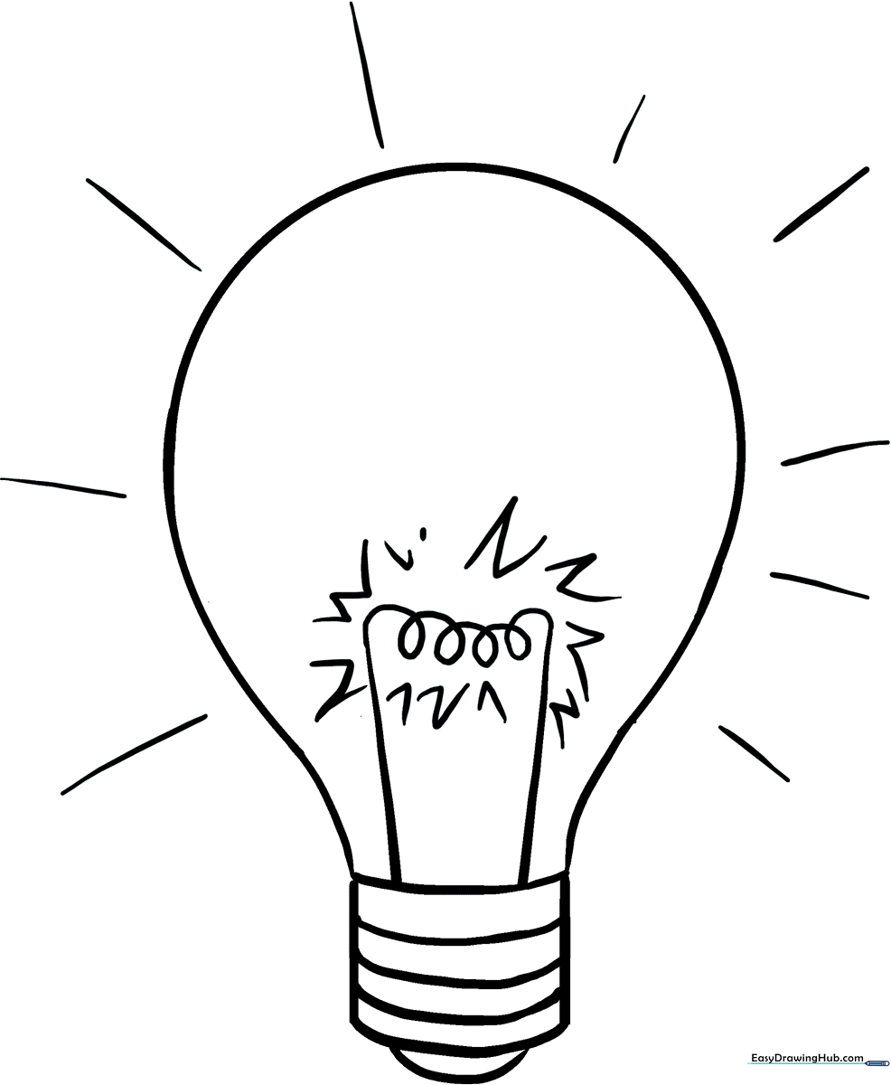 Simple line art of a classic light bulb with a glass filament, perfect for children to color with crayons or markers.