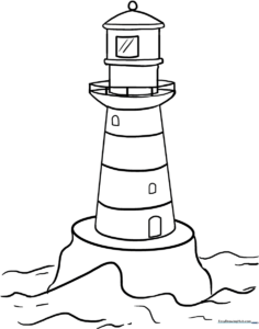 A clear, black-and-white line drawing of a classic lighthouse with a lantern room at the top, perfect for children to color with crayons or markers.