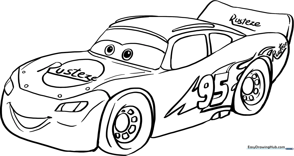 Clean line art of Lightning McQueen from Disney Cars, featuring bold outlines for easy coloring by children.