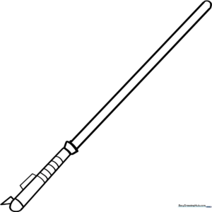 Black and white line art of a sci-fi laser sword with a detailed hilt, ready for children to color with markers or crayons.
